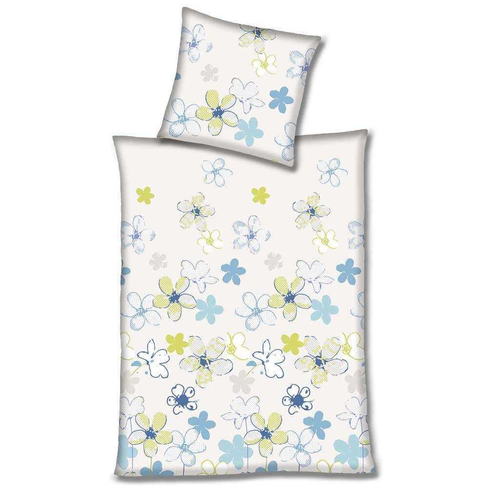 Renforcé Bettwäsche Blau Creme Blumen 155x220 cm + 80x80 cm