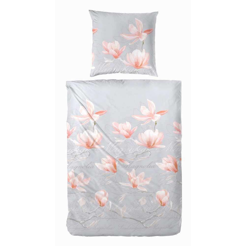 Hahn Baumwoll Satin Bettwäsche Blumen Weiß Braun Rosa Grau