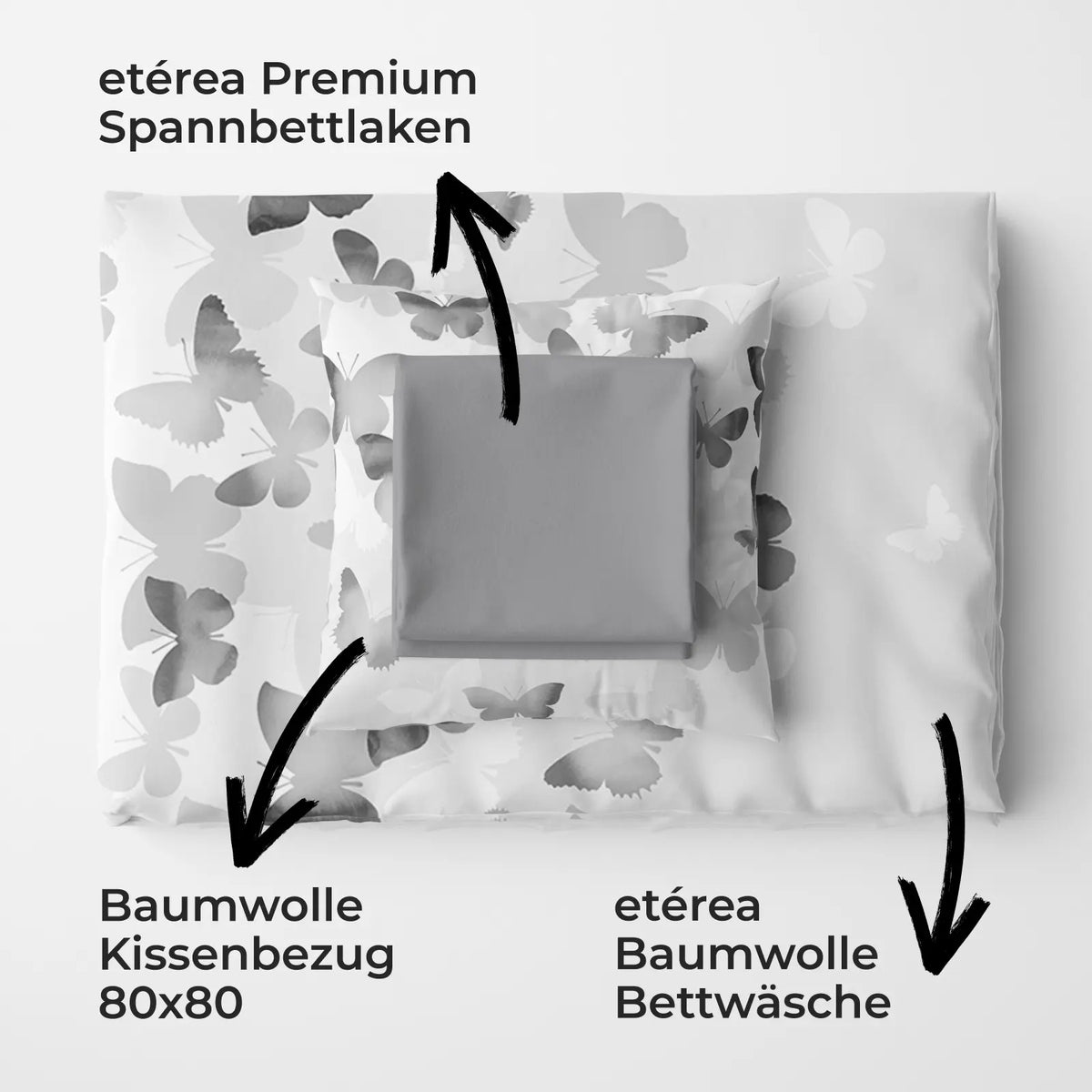 etérea Premium Starterpaket Bettwäsche Spannbettlaken Lilu Schmetterlinge Grau