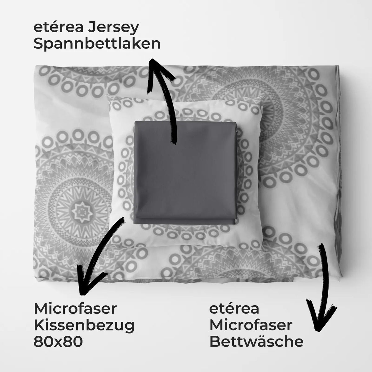 etérea Basic Starterpaket Bettwäsche Mandala Grau mit Spannbettlaken