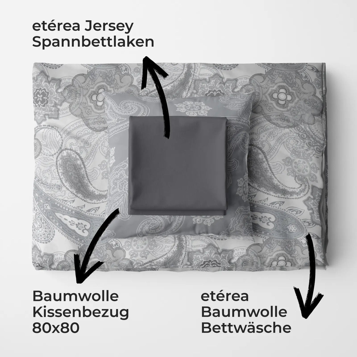 etérea Premium Mako-Satin Bundle Florina Grau Bettwäsche + Spannbettlaken